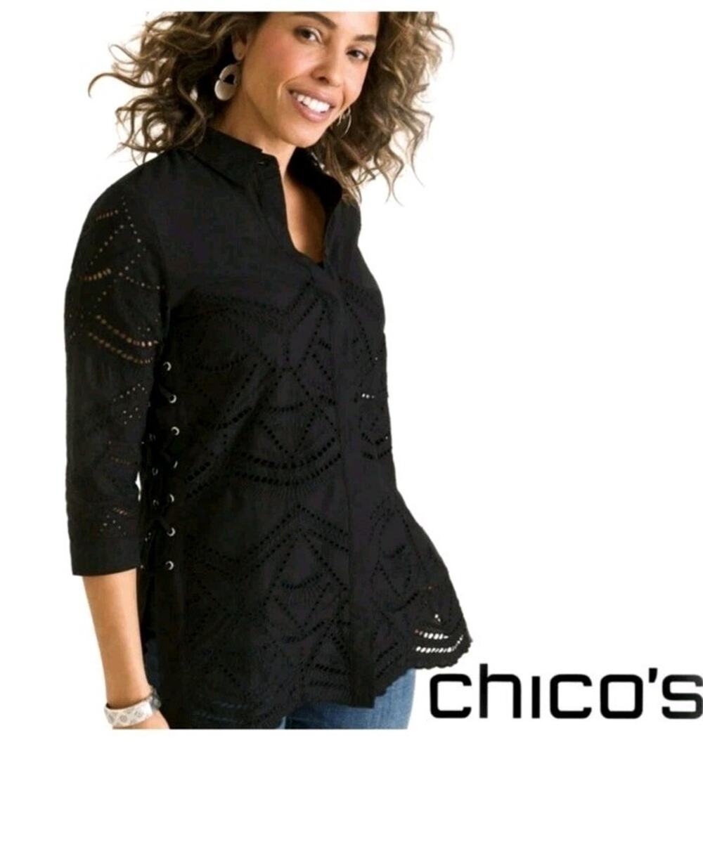 Chico's Women's Size 0 XS Black Lace Up Side Button Front Eyelet Top Boho Chic